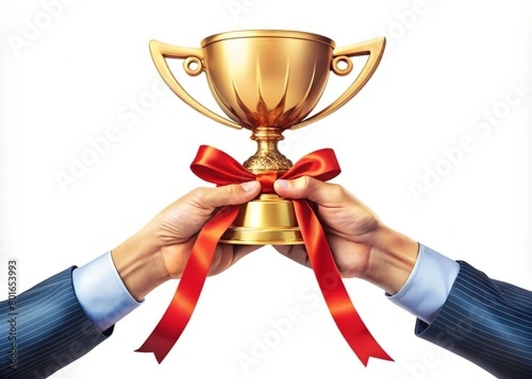 Fototapeta Two hands holding a golden trophy with red ribbon, symbolizing victory or achievement