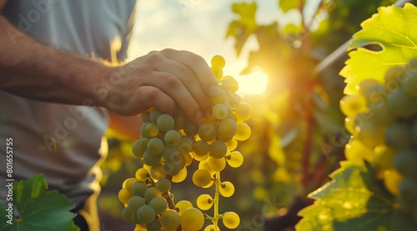 Fototapeta A man harvesting green grapes in a grape plantation with a beautiful view of a sunset in the background, harvesting season, grape harvesting season. Generative AI.