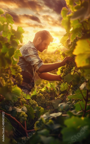 Fototapeta A man harvesting green grapes in a grape plantation with a beautiful view of a sunset in the background, harvesting season, grape harvesting season. Generative AI.