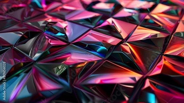 Fototapeta Modern 3D backdrop with moving holographic neon geometrical pattern—a blend of technology and art. Perfect for backgrounds, banners, wallpapers, posters, and covers.