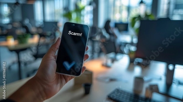 Fototapeta Hand holding a mobile phone with an incoming call from an unknown number. The screen displays the word "Scam!" against a blurred office background