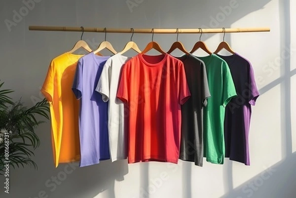 Fototapeta Photo of t-shirts hanging on wooden hangers in front of a white wall, showcasing the variety and color range for different styles of . The shirt is flat with no wrinkles or creases