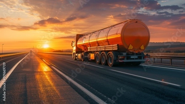 Obraz A chemical tanker truck travels on a highway during a vibrant sunset, illustrating logistics and transportation of hazardous materials in a scenic environment.