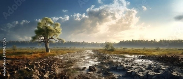 Fototapeta A photorealistic CG 3D image presenting a panoramic view of how climate change fuels the spread of diseases Focus on realistic textures and lighting to emphasize the connec