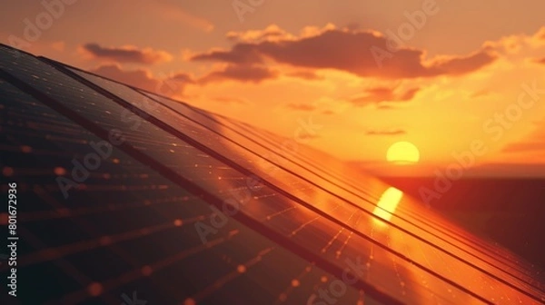 Fototapeta Solar panels gleam under the setting sun, highlighting the promise of renewable energy with a picturesque sky in the backdrop, embodying innovation and sustainability.