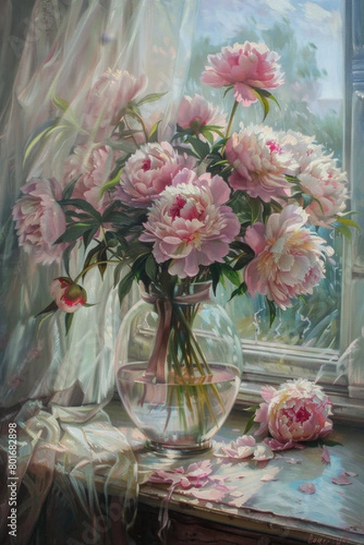 Obraz A large vase of pink peonies on the table, the background is an old window with light and shadow, sunlight shines through the curtains onto flowers, oil painting style, brushstrokes