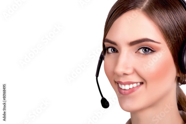 Obraz Support phone operator in headset, isolated - Stock Image