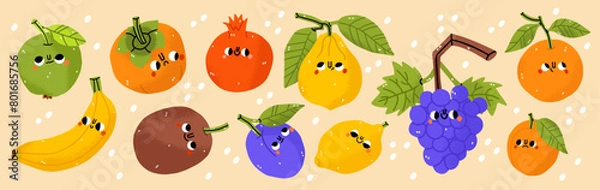 Fototapeta Fruits icons set: lemon, orange, apple, kiwi, grapes, pomegranate. Hand-drawn cartoon doodle in simple naive style. Cute fruit with eyes on a white background. All elements are isolated