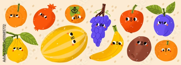 Fototapeta Fruits icons set: lemon, orange, apple, kiwi, grapes, pomegranate. Hand-drawn cartoon doodle in simple naive style. Cute fruit with eyes on a white background. All elements are isolated