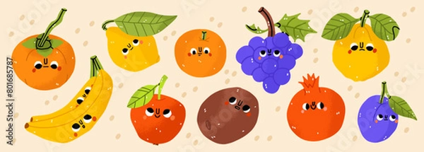 Fototapeta Fruits icons set: lemon, orange, apple, kiwi, grapes, pomegranate. Hand-drawn cartoon doodle in simple naive style. Cute fruit with eyes on a white background. All elements are isolated