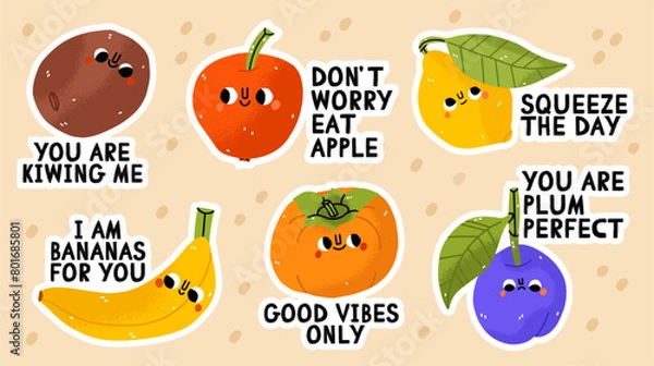 Fototapeta Fruit cartoon stickers. Comic character of apple, banana, kiwi, lemon, plum, persimmon with slogan, quotes and other elements for planner. Groovy summer vector. Fruit pun with smiling characters