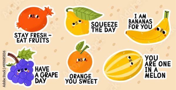 Fototapeta Fruit cartoon stickers. Comic character of apple, banana, kiwi, lemon, plum, persimmon with slogan, quotes and other elements for planner. Groovy summer vector. Fruit pun with smiling characters