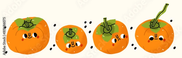 Fototapeta Set cartoon persimmon character with kawaii set. Good vibe only. Isolated on white background. Kawaii, doodle illustration. Design for t shirts, stickers, posters, cards etc	
