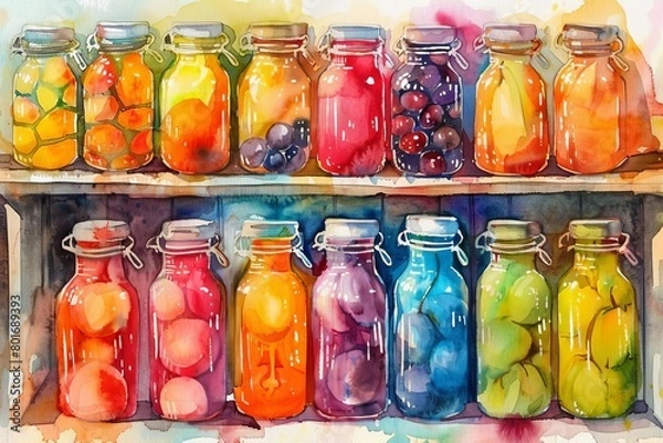 Fototapeta An image of colorful watercolor painting of various fruits and vegetables in glass jars on wooden shelves.