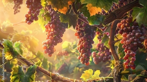 Fototapeta Craft a digital illustration of a birds-eye perspective on a grapevine, highlighting intricate details like dew-kissed clusters, twisting vines, and sun-dappled leaves Showcase a mix of realism and wh