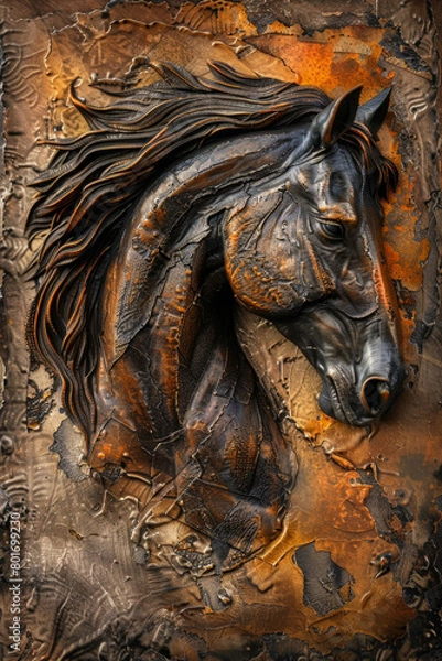 Obraz Horse in the style of relief sculpture, textured background with rusty metal and gold leaf accents, realistic, detailed