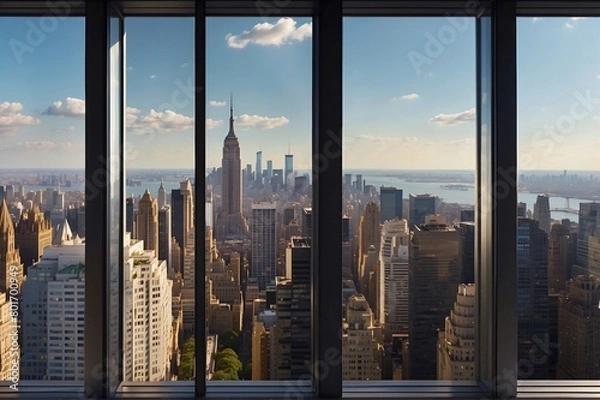 Fototapeta Empty interior from high-rise window showcasing expensive real estate with cityscape of skyscrapers in Midtown NYC at daytime