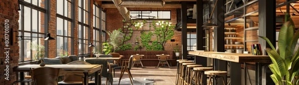Fototapeta Rusticthemed coworking space with exposed brick walls, wooden beams, and vintage decor creating a warm, inviting atmosphere