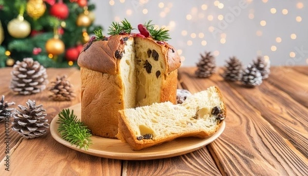 Obraz Italian Christmas Dessert: A freshly sliced panettone bread with dried fruits