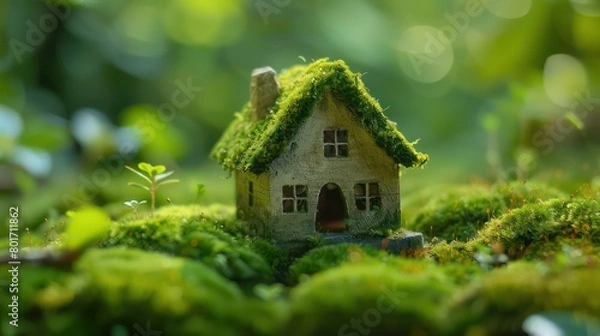 Fototapeta green macro house with moss texture on moss surface