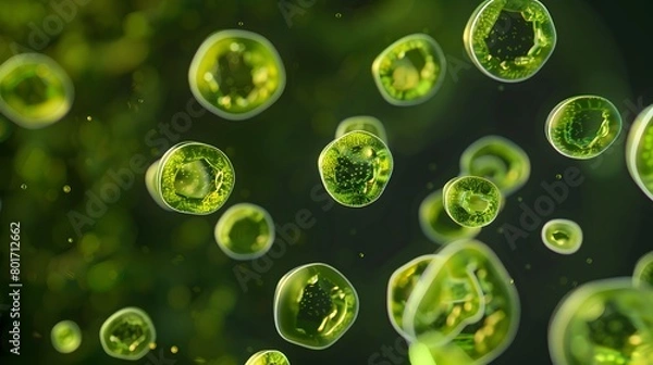 Fototapeta Microscopic View of Algae Cells Highlighting Biological Details for Biofuel Research