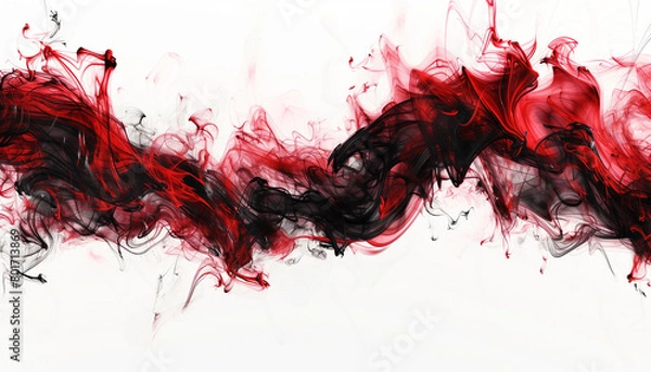 Fototapeta abstract background, thick line of black and red smoke like clouds of ink on a white background, wide 16:9