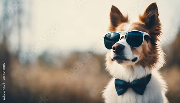 Fototapeta Stylish Dog with Sunglasses and Bow Tie Generative AI