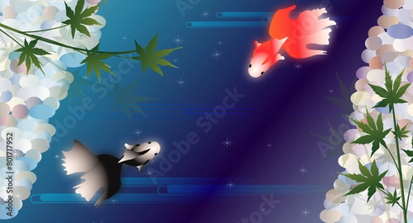 Obraz 池の金魚と紅葉の日本の夏の風景の背景素材