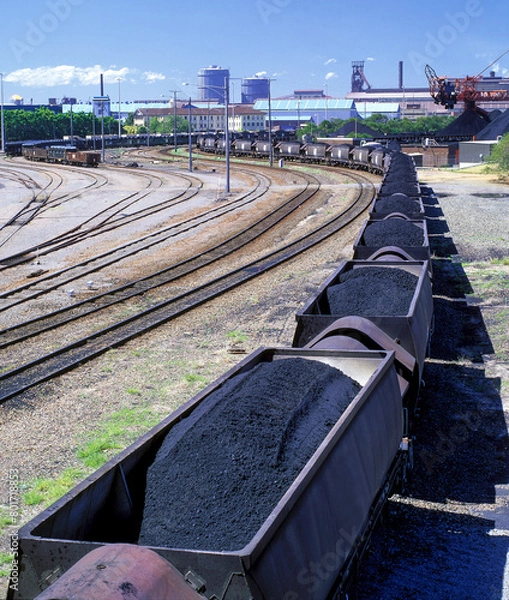 Fototapeta  Coal trains arriving at the Newcastle steel works, New South Wales  from the Hunter valley coal mines.