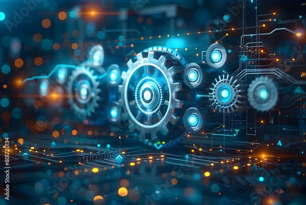 Fototapeta Futuristic Digital Circuit Board with Interconnected Gears and Geometric Patterns on Blue Background