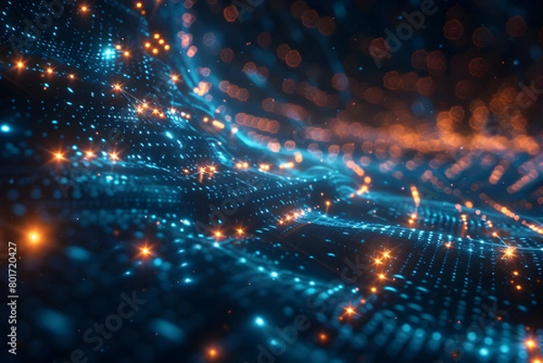 Fototapeta Futuristic Visualization of Interconnected Communication Technology in Dark Blue Abstract Backdrop