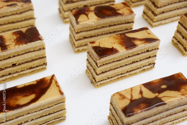 Fototapeta パティシエが作ったマーブル模様のスポンジケーキ、コーヒーとチョコとナッツプラリネクリームのケーキ