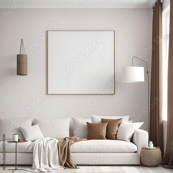 Fototapeta  Living room with white empty walls - light mockup for canvas art. Accent brown pillow and curtain details. Scandinavian modern minimal interior design lounge Livingroom home or office. 3d rendering 