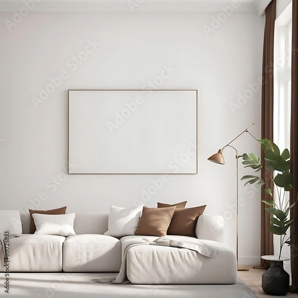 Fototapeta  Living room with white empty walls - light mockup for canvas art. Accent brown pillow and curtain details. Scandinavian modern minimal interior design lounge Livingroom home or office. 3d rendering 