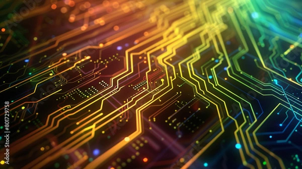 Fototapeta Abstract background with digital circuit board patterns and glowing lines, representing technology, cyber security or data transfer concept.

