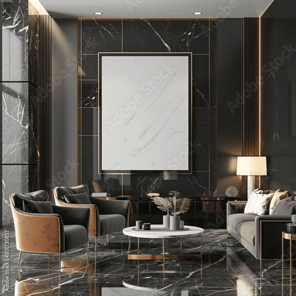 Fototapeta AI generated a Mockup poster frame on the wall of living room. Luxurious apartment background with contemporary design. Modern interior design. 3D render, 3D illustration 