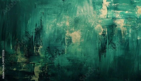 Fototapeta Dynamic emerald green strokes on an abstract canvas, central blank space available for impactful corporate communications or announcements