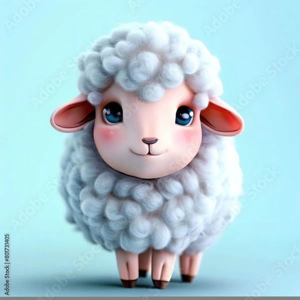Obraz A sheep with fluffy fur is standing on a blue background..with Generative AI technology
