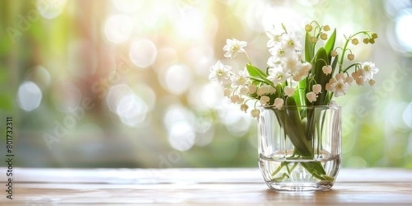 Fototapeta Delicate white Lily of the Valley flowers arranged in a clear glass vase on a wooden surface with a soft, blurred background.