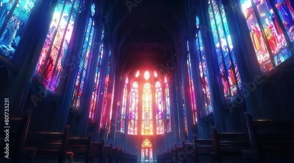 Fototapeta dark cathedral with stained glasses