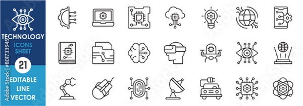 Obraz Set line icons related to technology including cloud computing, data, hologram, digital security and so on. Outline icon collection.