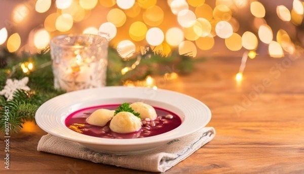 Fototapeta Traditional polish christmas eve dinner barszcz and uszka on wooden table with beautiful christmas decorations, copy space