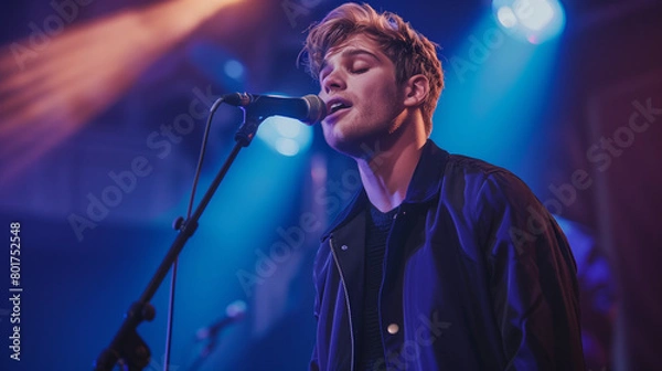 Fototapeta Photo image of a young and handsome 23-year-old Swiss male singer wearing a navy blue jacket and singing at a live house