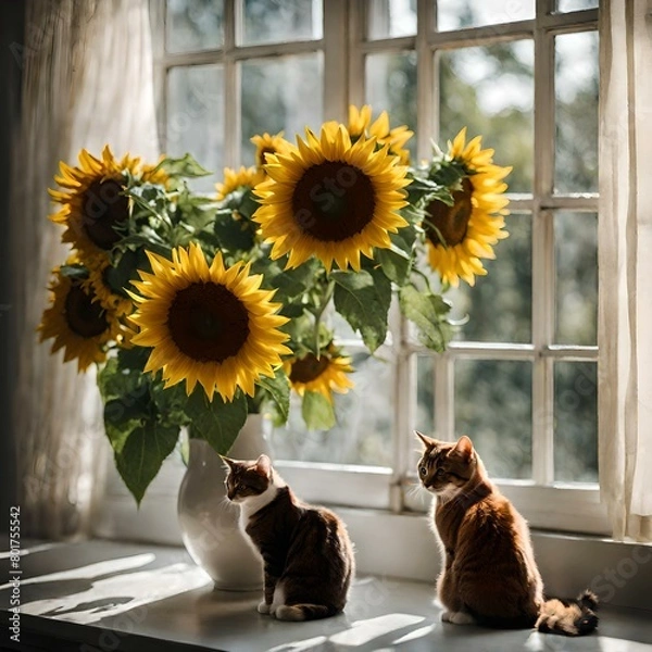 Fototapeta Sunflowers in a vase and a two cats looking for outside the window.