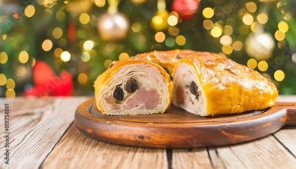 Fototapeta Close up of venezuelan christmas dinner: pan de jamon on plate