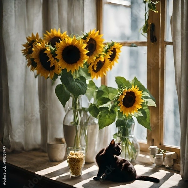 Fototapeta Sunflowers in a vase and a black cat looking for outside the window.