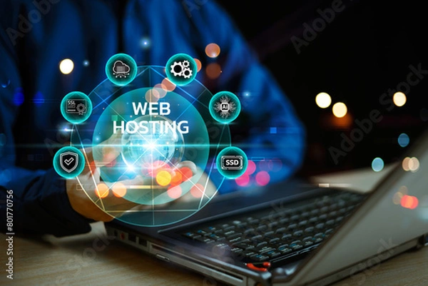 Fototapeta Web Hosting ai privacy platform service. Website provider support business icon. Ai technology storage space and access for domain web. Modern business technology, internet and Web Hosting concept.