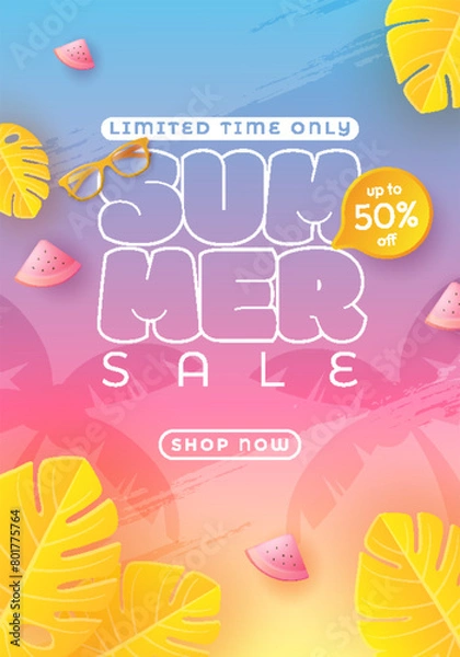 Fototapeta The design for the summer sale features a paper-cut tropical background in bright colors. Combining the concept of tropical leaves and discount vouchers. Vector illustration template.