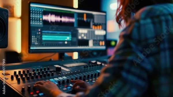 Fototapeta sound mixing board, sliders and knobs, blurred background