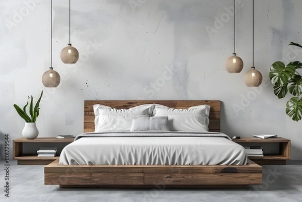 Fototapeta Minimal bedroom interior with Home decoration mock up. Cozy coastal stylish, furniture, comfortable bed, Modern design background